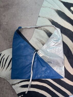 Blue and Silver Colorblock Shoulder Bag with Gathered Strap